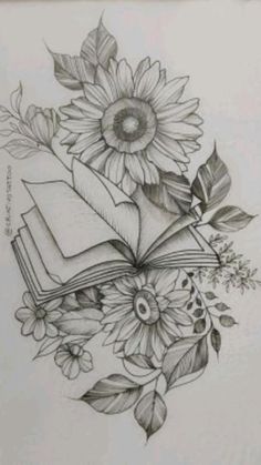 a drawing of a book with flowers and leaves on the cover, in black and white