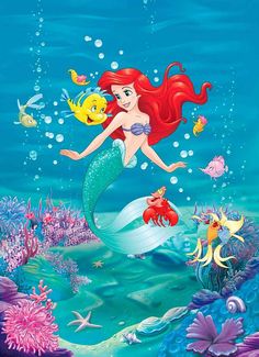 the little mermaid is swimming in the ocean with her fish and other sea creatures around her