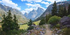 a painting of a mountain trail with rocks and trees on both sides, surrounded by mountains