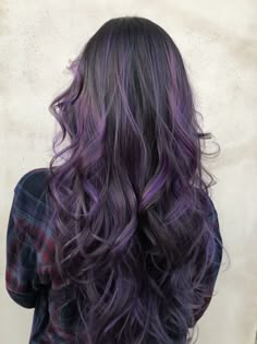 Purple balayage Purple And Black Balayage Hair, Brown Hair And Purple Highlights, Purple Low Lights Brown Hair, Purple Highlights Black Hair Curly Hair, Purple Highlights Black Hair, Light Purple Highlights, Purple Peekaboo Highlights