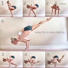 the woman is doing yoga poses on her stomach and back, in several different positions