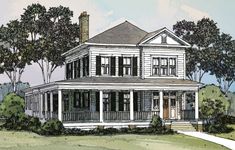 this is an artist's rendering of a house in the country with porches