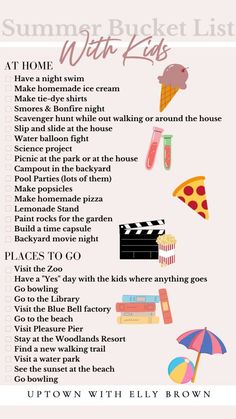 the summer bucket list is shown in pink and white with an image of various items on it