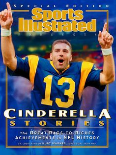 the front cover of sports illustrated magazine, featuring an image of a football player holding his hands up