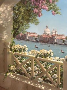 a painting of flowers and boats on the water