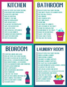 the bathroom cleaning checklist is shown in blue, green and pink colors with instructions to clean