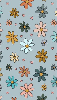 a blue background with many different flowers and hearts in the center, all on top of each other