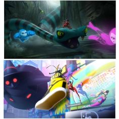 two pictures of cartoon characters in different stages of being chased by an alien type creature