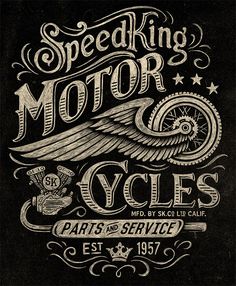 a black and white drawing of a motorcycle with the words speed king motor cycles on it