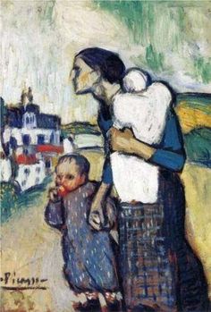 an image of a woman and child walking down the street with houses in the background