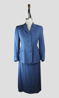 1940s Rayon Wool Gaberdine Skirt Suit SM 28 Waist - Etsy Fitted Office Sets With Buttons, Fitted Single Button Skirt Suit For Formal, Formal Fitted Single Button Skirt Suit, Fitted Single Button Skirt Suit For Formal Occasions, Blue Button-up Workwear Sets, Classic Blue Skirt Suit For Work, Classic Blue Skirt Suit For Office, Fitted Solid Color Sets With Buttons, Fitted Sets With Buttons