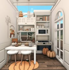 the kitchen is decorated in white and has pumpkins on the floor, as well as an oven