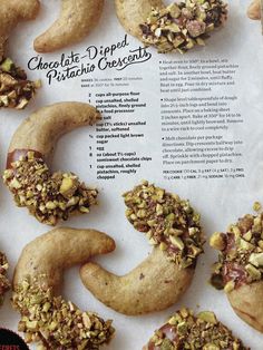 an advertisement for chocolate - dipped pistachio crescents with nuts and other toppings