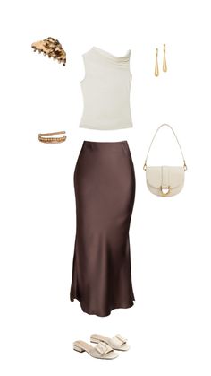 Classy silk skirt outfit Silk Maxi Skirt Outfit, Satin Skirt Outfit Classy, Chic Skirt Outfits, Skirt Outfit Fall, Brown Maxi Skirts