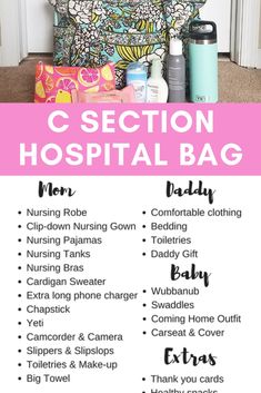 a bag with the words c section hospital bag on it