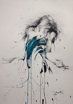 an abstract painting with blue and black paint on it's face, in front of a white background