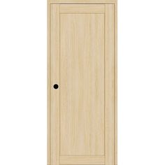 a wooden door with a black knob on the front and side paneled in light wood