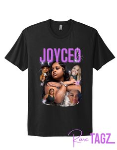 a black t - shirt with the words joyceo and pictures of women on it