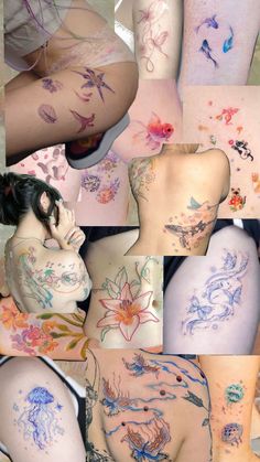 many different pictures of women with tattoos on their backs and legs, all showing the same colors