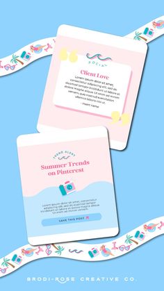 two business cards with the words summer friends on pinterest written in pink and blue