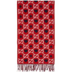 The Gucci Gg Hearts Scarf In Red Is A Rectangular Wool Scarf In Red Featuring Logo And Graphic Pattern Jacquard Knit In White And Navy Throughout. Fringed Detailing At Ends Give A Nice Flow And Texture To The Piece. Red And Navy Gg Hearts Scarf 100% Wool Interlocking Gg Print With Stars And Hearts Fringe Ends 35cm X 200cm Product Number 601176 Made In Italy Scarf Gucci, Pastel Scarf, Stars And Hearts, Green Silk Scarf, Gucci Floral, Gucci Scarf, Reversible Scarf, Canvas Clutch, Gucci Gucci