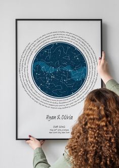 a woman looking at the stars in the sky on a framed poster with her hands