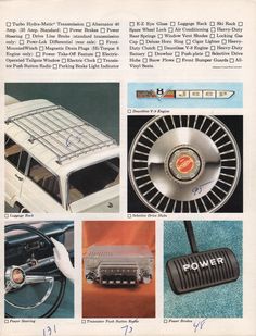 an old car brochure with pictures of the interior and dashboard, including radio