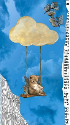 a cat sitting on a swing suspended by a cloud