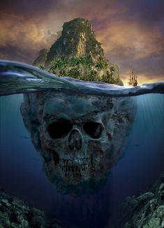 a skull floating in the ocean next to an island