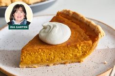 a slice of pumpkin pie with whipped cream on top and an image of ina garter