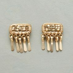 PATCH OF GOLD EARRINGS -- Dana Kellin does wear-with-everything earrings with distinctive style, weaving them of 14kt gold filled wire with hand hammered fringe. Earrings handmade in USA. 1/2"L. Trillion Earrings, Fringe Hoop Earrings, 2023 Wardrobe, Double Earrings, Sundance Catalog, Coin Pearls, Beaded Fringe, Fringe Earrings, Watch Necklace