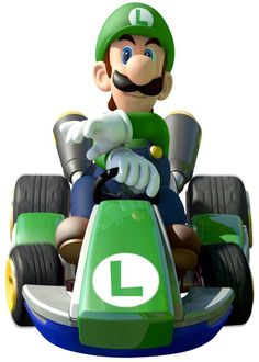 the mario kart is going down the track with his hand on the steering wheel