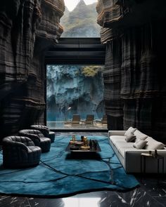 a living room filled with lots of furniture and walls covered in rock formations next to a pool