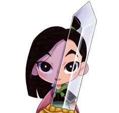 an anime character holding a giant knife with gold coins in front of her face and looking at the camera