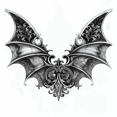 an intricately designed bat wing tattoo design on the back of a woman's shoulder