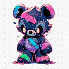 a black bear with pink and blue paint splattered on it's face