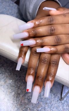 White Acrylic Nails With Small Design, All White Nails With Heart, Milky White And Red Nails Acrylic, Milky White Medium Nails, Milky White Birthday Nails, Milky White With Hearts Nails, White Nails And Red Heart, White Acrylic Nails With Heart Design, Cute White And Red Nails