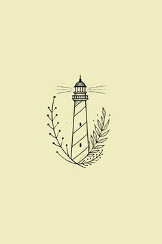 a black and white drawing of a lighthouse on a light yellow background with plants around it