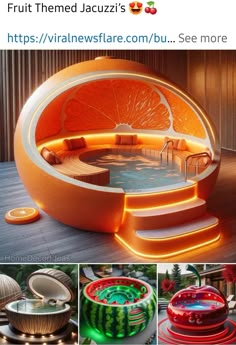 an orange and white circular bed with lights on it, surrounded by other images of furniture