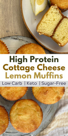 Protein cottage cheese muffins on a plate and one cut open. Keto High Protein Breakfast, High Protein Muffin Recipes, High Protein Low Sugar Snacks, High Protein Low Carb Desserts, High Protein Snacks Low Carb, High Protein Low Carb Dessert, Lemon Cottage Cheese, Low Carb High Protein Snacks, Healthy Protein Muffins