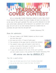 an advertisement for the yearbook cover contest with colored pencils in front of it and text that reads yearbook cover contest