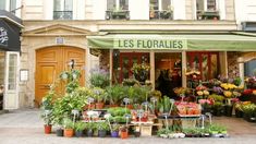 an outdoor flower shop with lots of plants and flowers on display in front of it