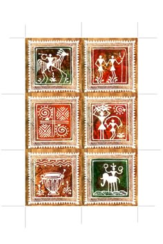 four stamps with different designs on them, one has a horse and the other is a man