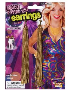 You are destined to be the disco dancing queen in these gold chain clip-on dangling disco fever earrings. They are perfect for Disco, 1970s-1980s accessories, Halloween, theatrical productions, pop and rock stars, cosplay, pride, school spirit events and more! Other disco costumes and accessories are sold separately on our page – subject to availability. One size fits most adults and older teens. 70s Themed Outfits, Decades Costumes, Disco Earrings, 1980s Costume, 70s Costume, Disco Costume, Earrings Outfit, Gold Chain Earrings, 70s Party