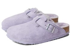 Birkenstock Boston Shearling - Clog Shoes : Purple Fog/Purple Fog Suede/Shearling : The Boston Suede from Birkenstock is a classic clog that will add style and comfort to your wardrobe. Soft premium suede upper with a matching adjustable strap for a perfect fit. Anatomically correct cork footbed, crafted from cork that is 100% renewable and sustainable, encourages foot health. The shearling lined, contoured footbed will mold to the shape of your foot creating a custom footbed that supports and c Boston Shearling, Birkenstock Boston Shearling, Birkenstock Clog, Boston Clogs, Shoes Purple, Purple Bow, Clog Shoes, Purple Bows, Birkenstock Boston