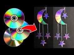 two different pictures with cds and stars hanging from them