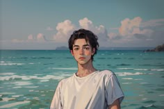 a painting of a young man standing in the ocean