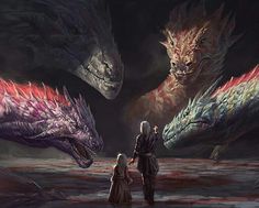 two people are standing in front of three large dragon like creatures with red and blue colors