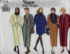 three women's coats and one woman's coat are shown in this sewing pattern