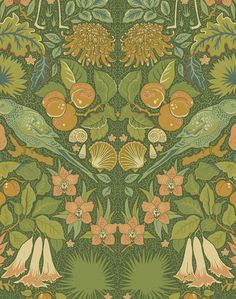 a green and orange floral wallpaper with birds, flowers, and leaves on it